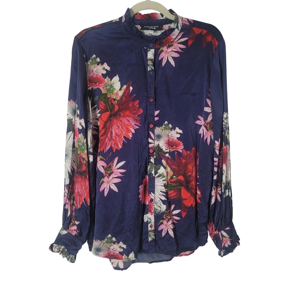 Johnny Was Workshop Aster Blue Silk Floral Ruffle Collar Blouse Womens Medium M